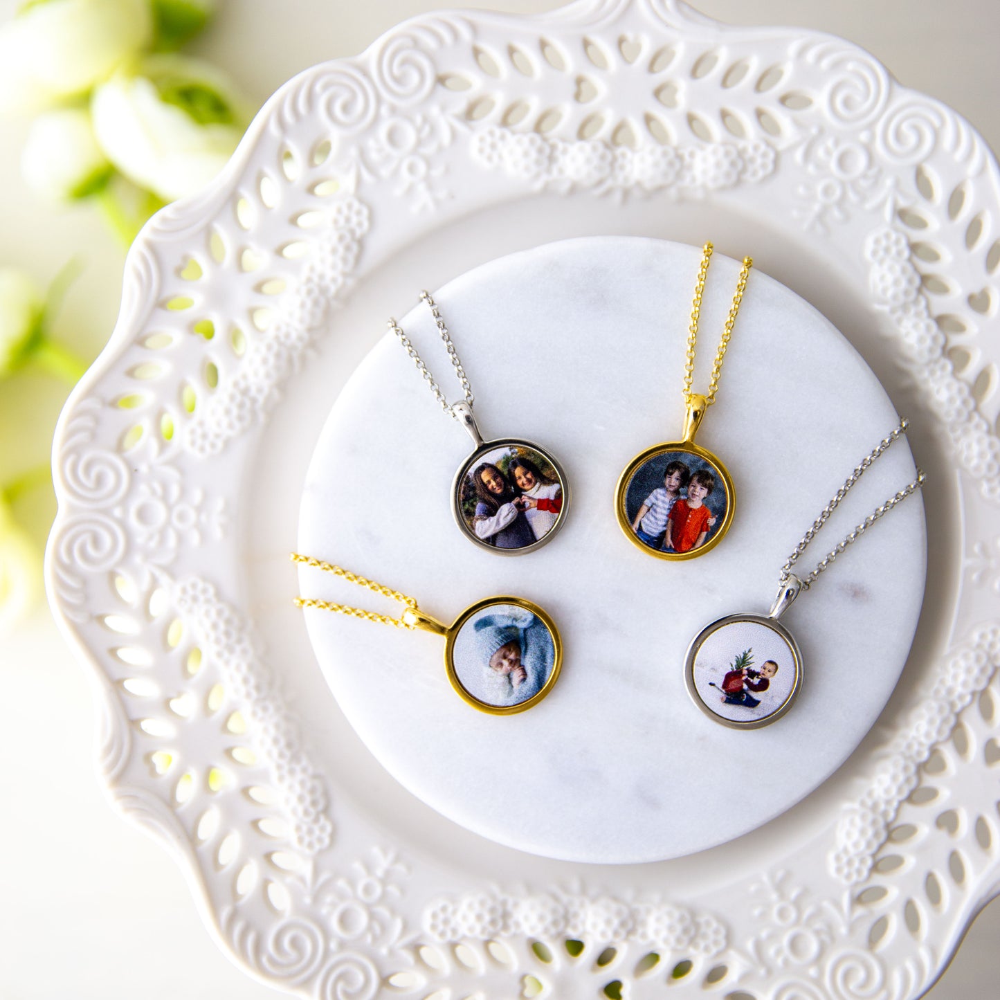 Four samples of Custom one side Photo Necklaces