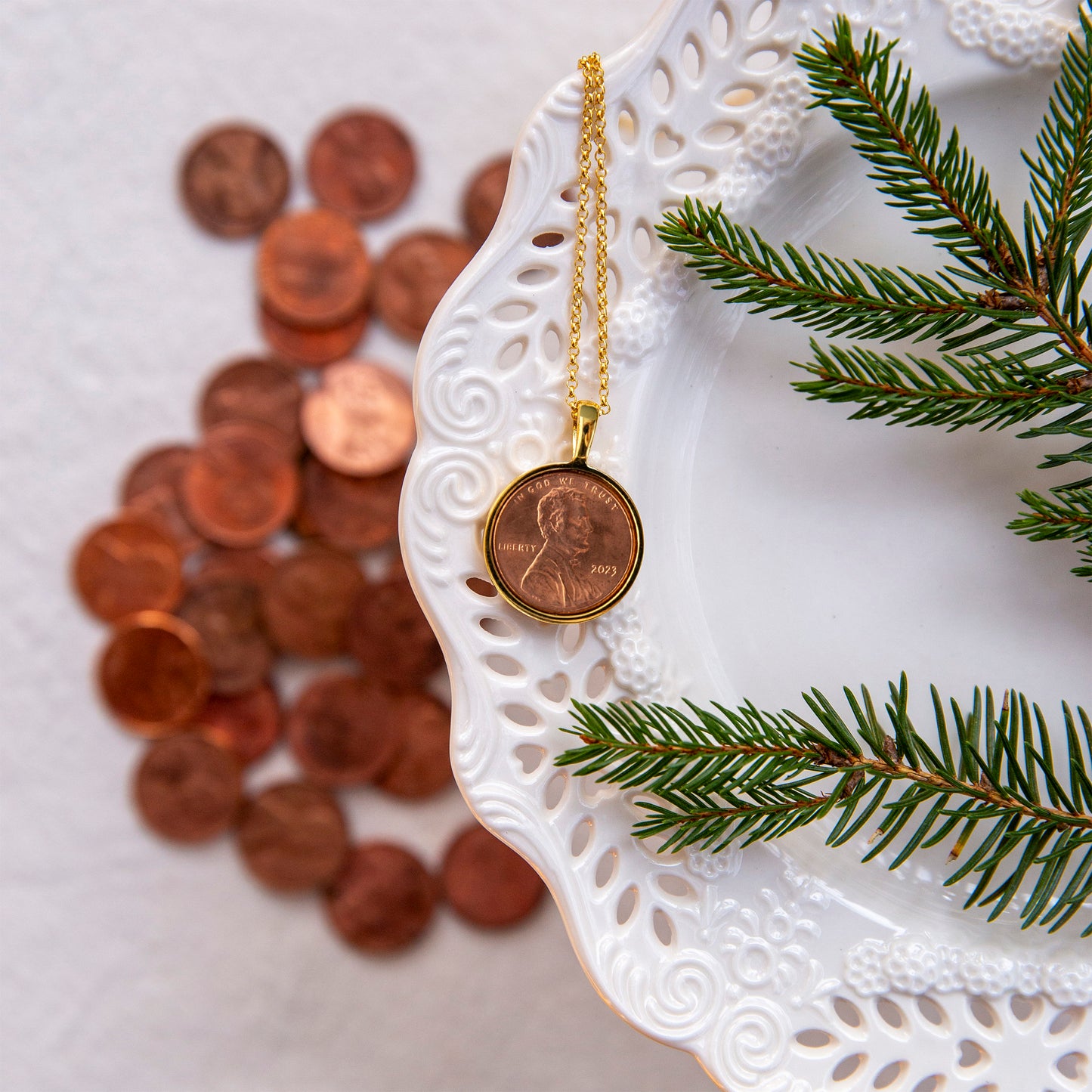 Group of Pennies with Gold Penny from Heaven Necklace