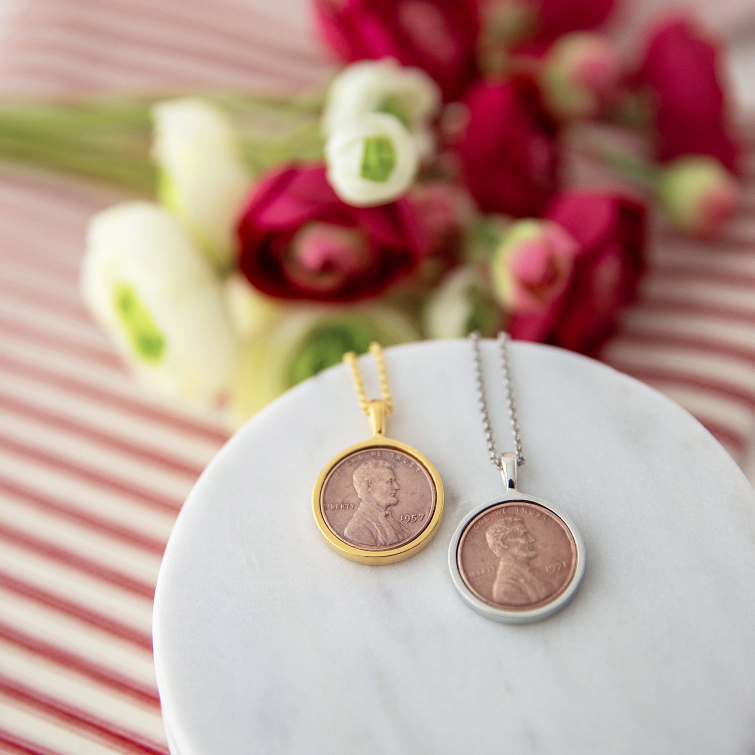 Penny_from_Heaven_personalized necklace in silver& gold red and white background for color