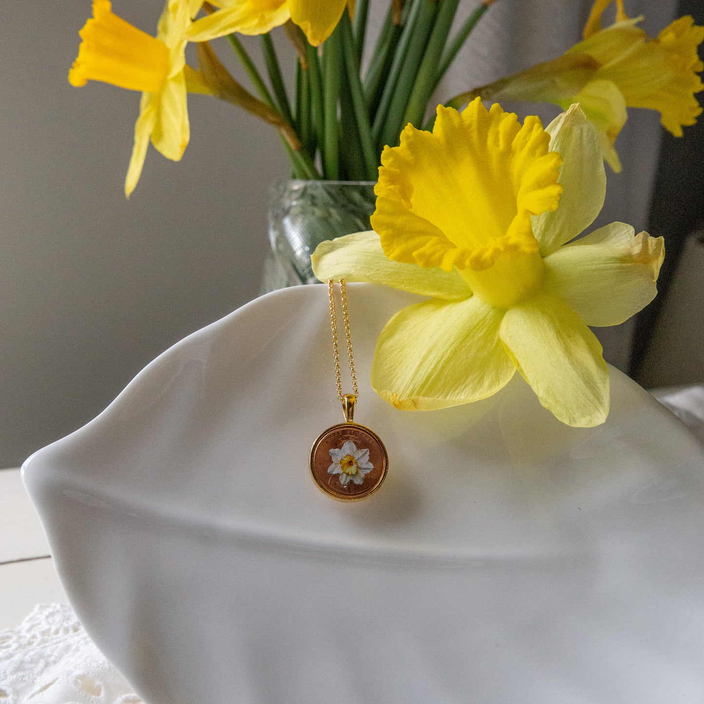 March Daffodil Flower Locket with Photo