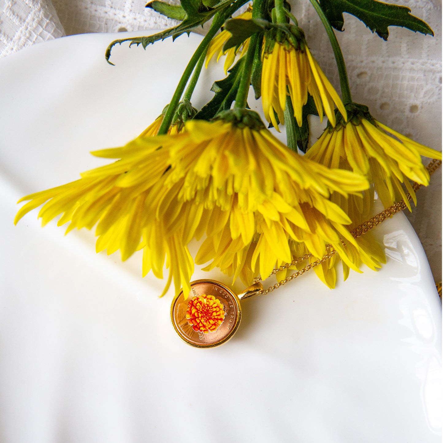 October Marigold Flower Locket with Photo