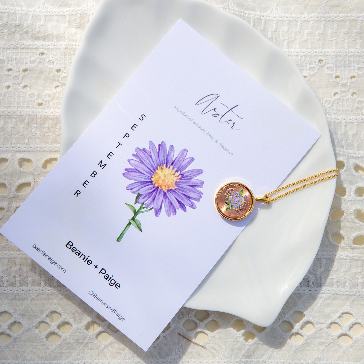 September Aster Flower Locket with Photo