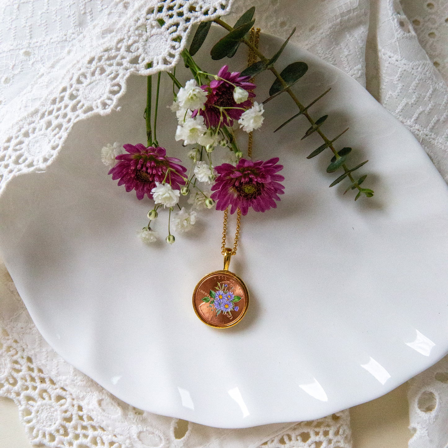 September Aster Flower Locket with Photo