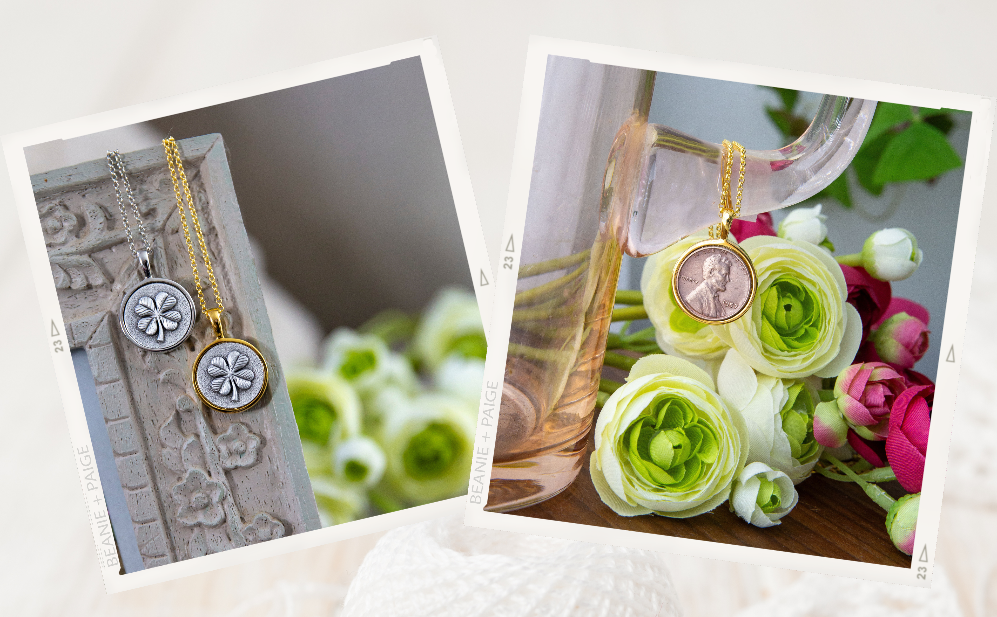 two images right is 4 leaf clover necklace and Penny from Heaven necklace