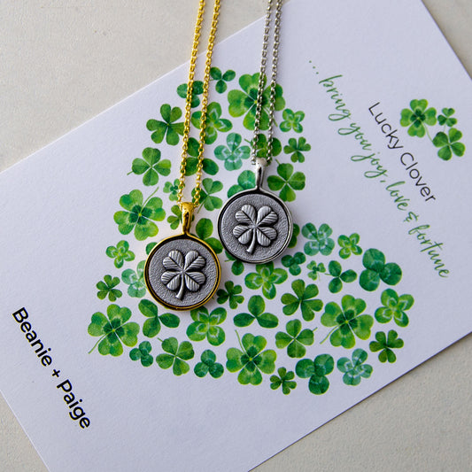 4 Leaf Clover Personalized Necklaces in gold and silver on print card "bring you joy, love & fortune"