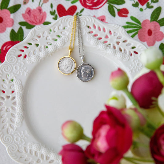 - Divine Dime Custom Photo Necklace in 18kt gold
- Memorial Divine Dime Necklace with Front Dime and Custom Photo Back
- Angel Keepsake Pendant Necklace
- Personalized Two-Sided Divine Dime Necklace
