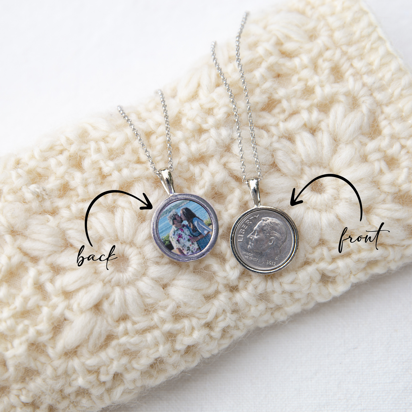 Silver dime necklace showing the front and the back.