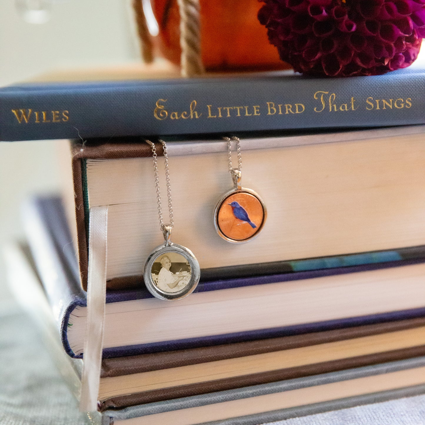 Personalized Blue Bird Photo Locket Necklace