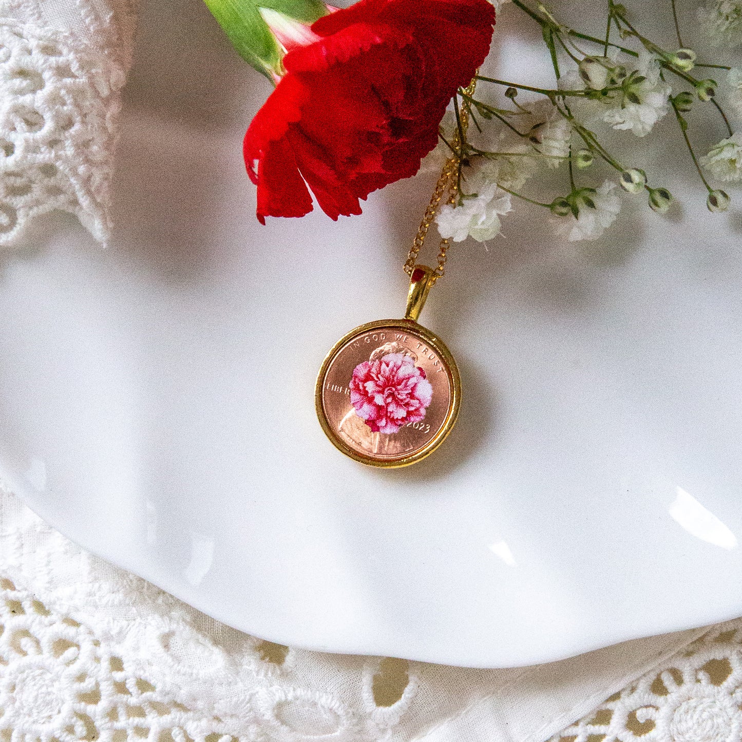 January Carnation Flower Locket with Photo